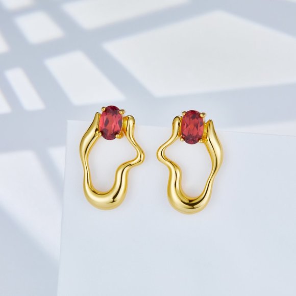 NEW 18K gold plated sterling silver earrings,natural red garnet,gemstone,stylish - Picture 2 of 13